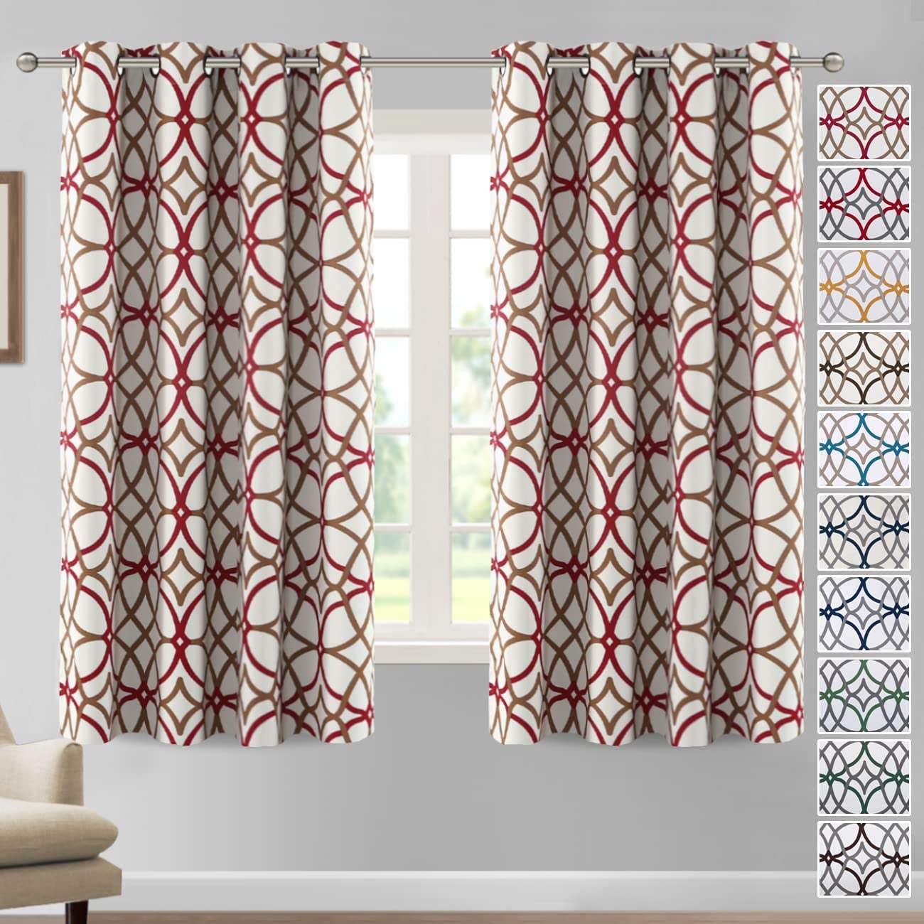 H.VERSAILTEX Blackout Curtains Printed Design 63 Inch Length 2 Panels Set Thermal Insulated Curtains for Bedroom Living Room Geometric Modern Grommet Window Drapes - Taupe and Red